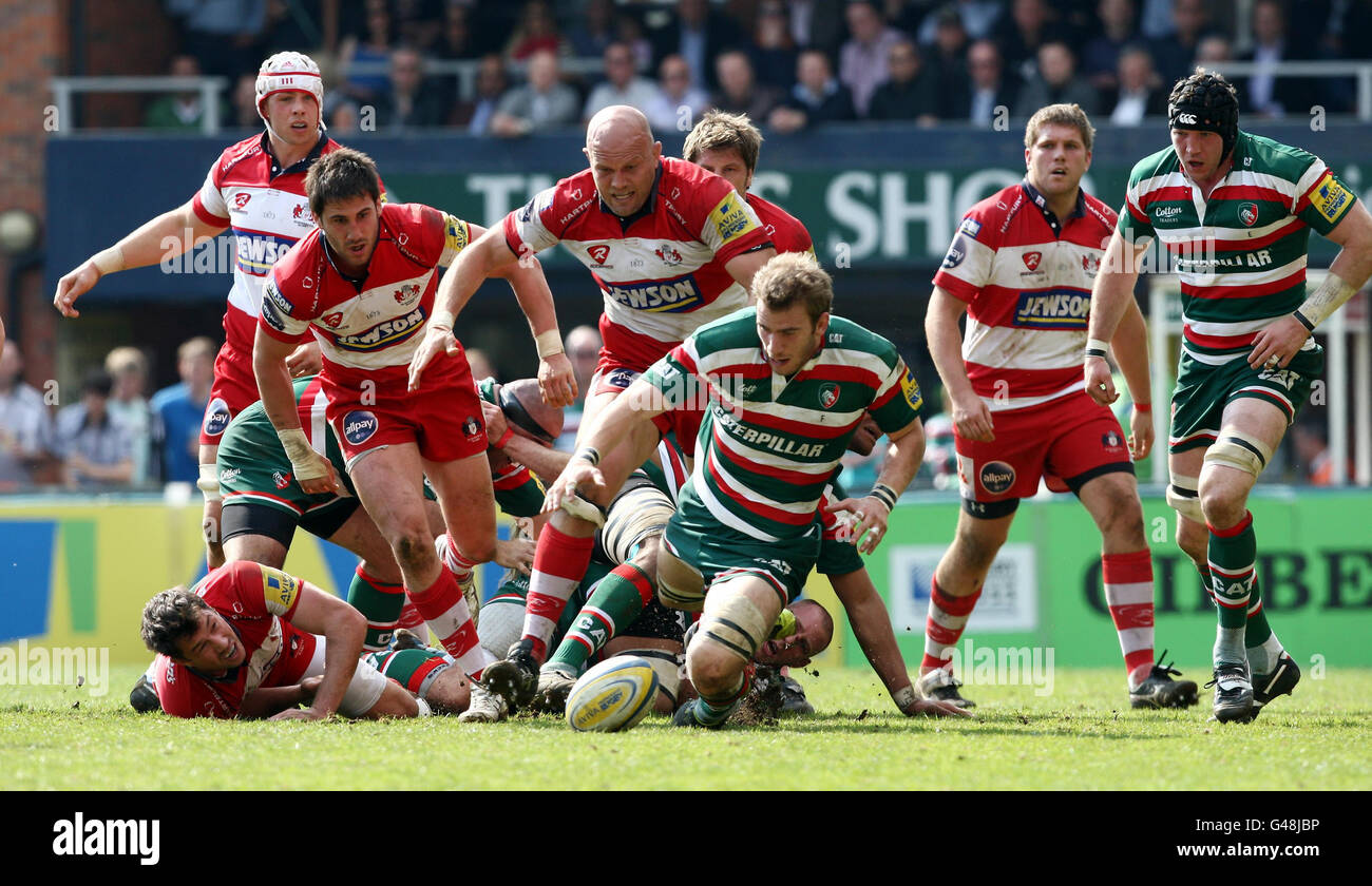 Leicester Tigers' Tom Croft tries to secure a loose ball as Gloucester ...