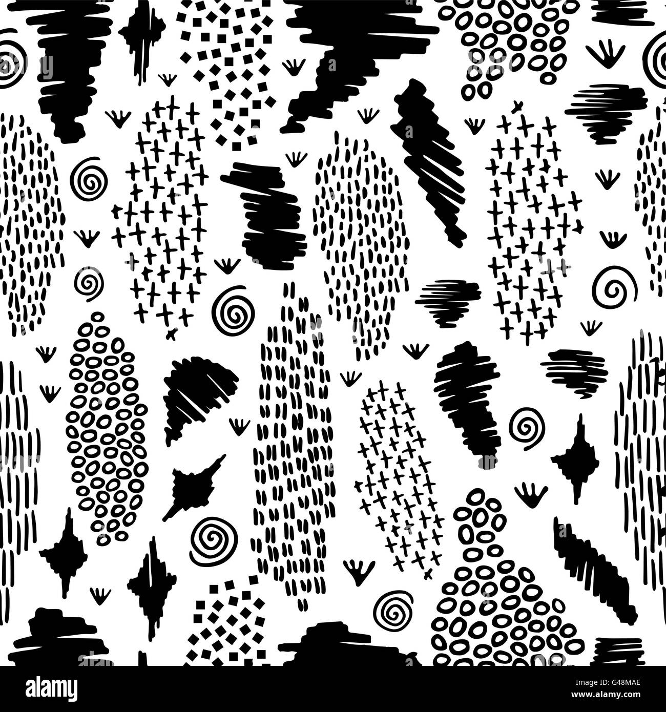 Vintage boho black and white seamless pattern blackboard background with monochrome tribal art shapes. Ideal for fabric design Stock Vector