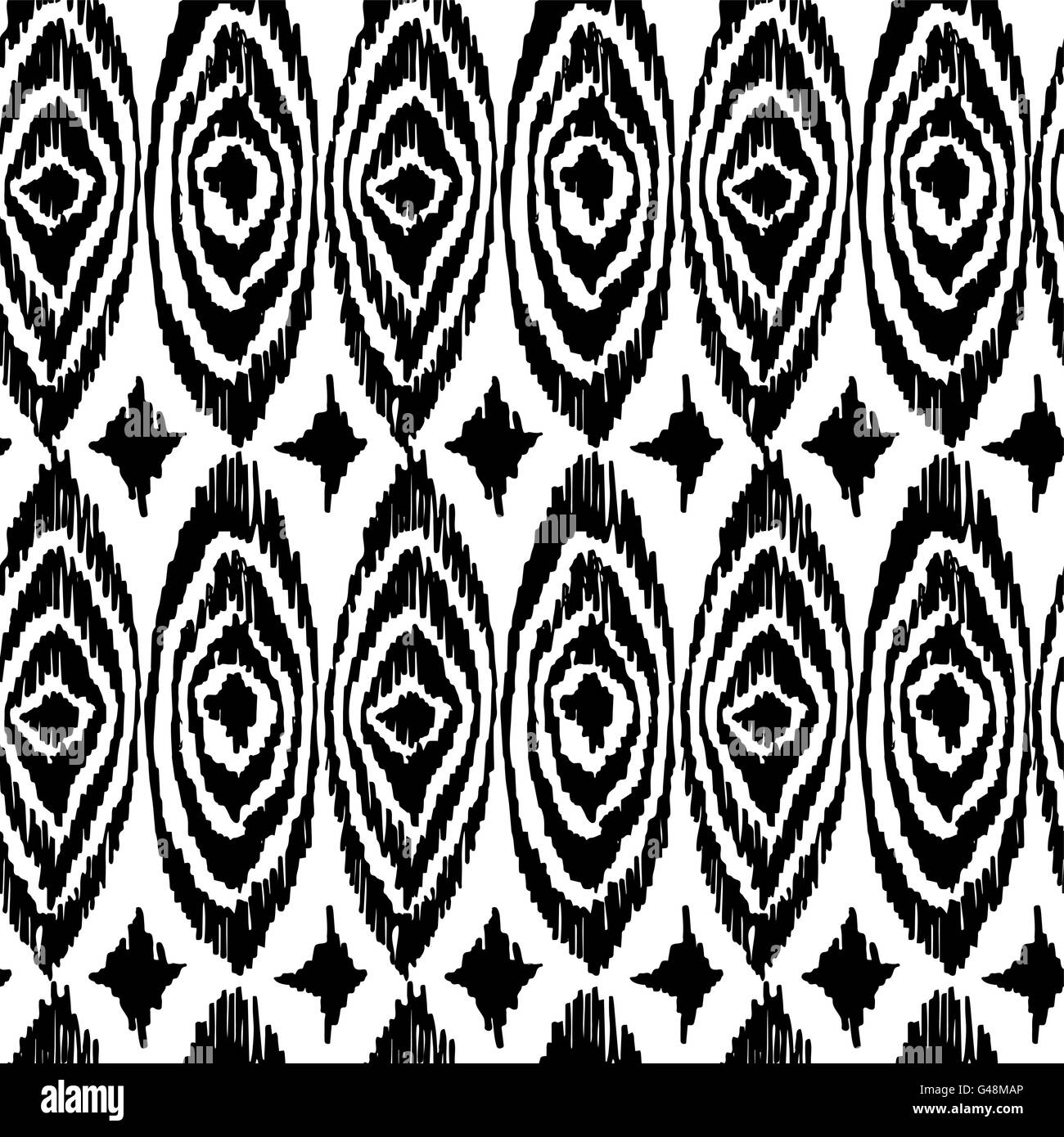 Retro boho black and white seamless pattern background with monochrome tribal or ethnic art. Ideal for fabric design Stock Vector