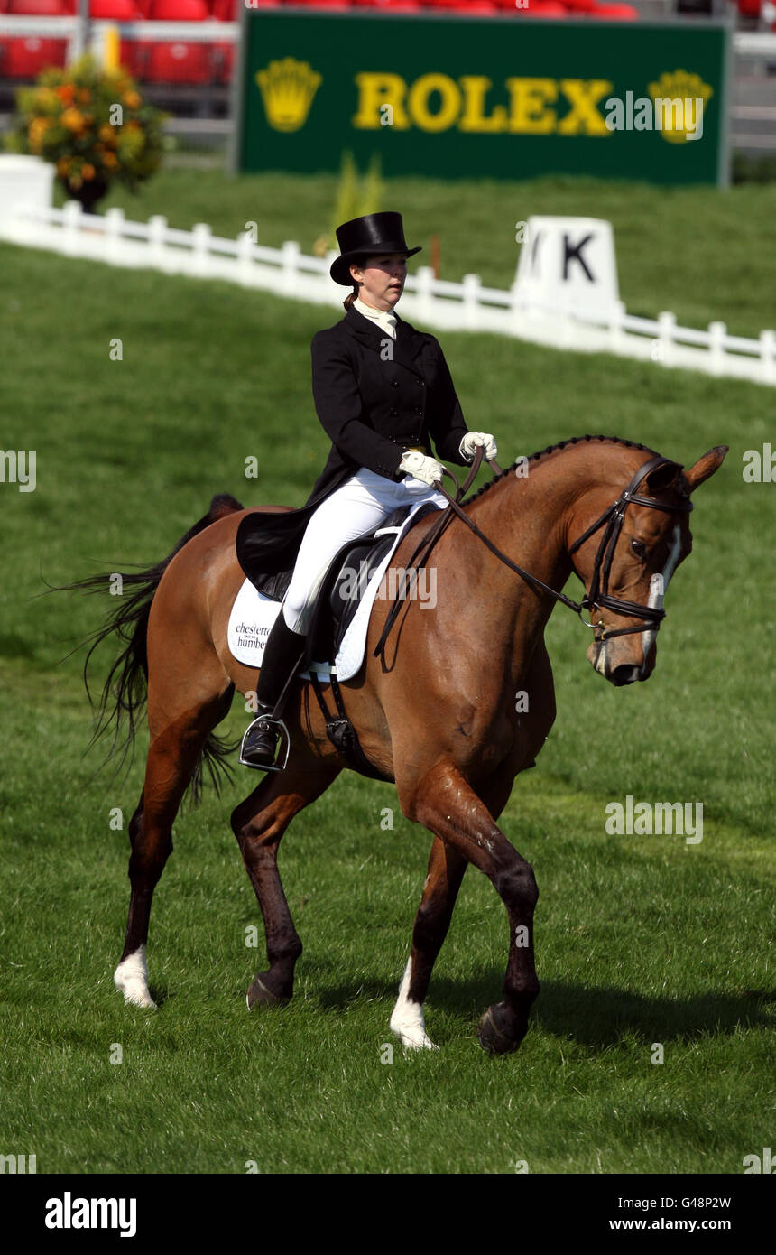Great Britain's Emily Baldwin riding Drivetime competes in the dressage during day three of the Badminton Horse Trials in Badminton, Gloucestershire. Stock Photo