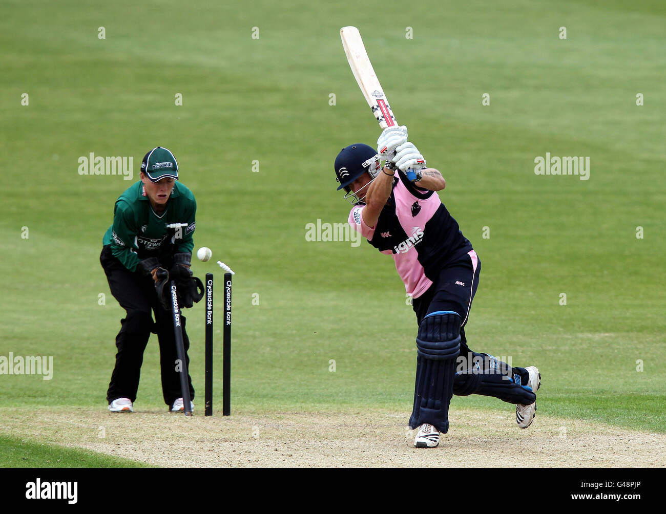 Cricket - Clydesdale Bank 40 - Worcestershire v Middlesex - New Road. Middlesex's Gareth Berg is bowled by Worcestershire's Moeen Ali for 31 runs during the Clydesdale Bank 40 match at New Road, Worcester. Stock Photo