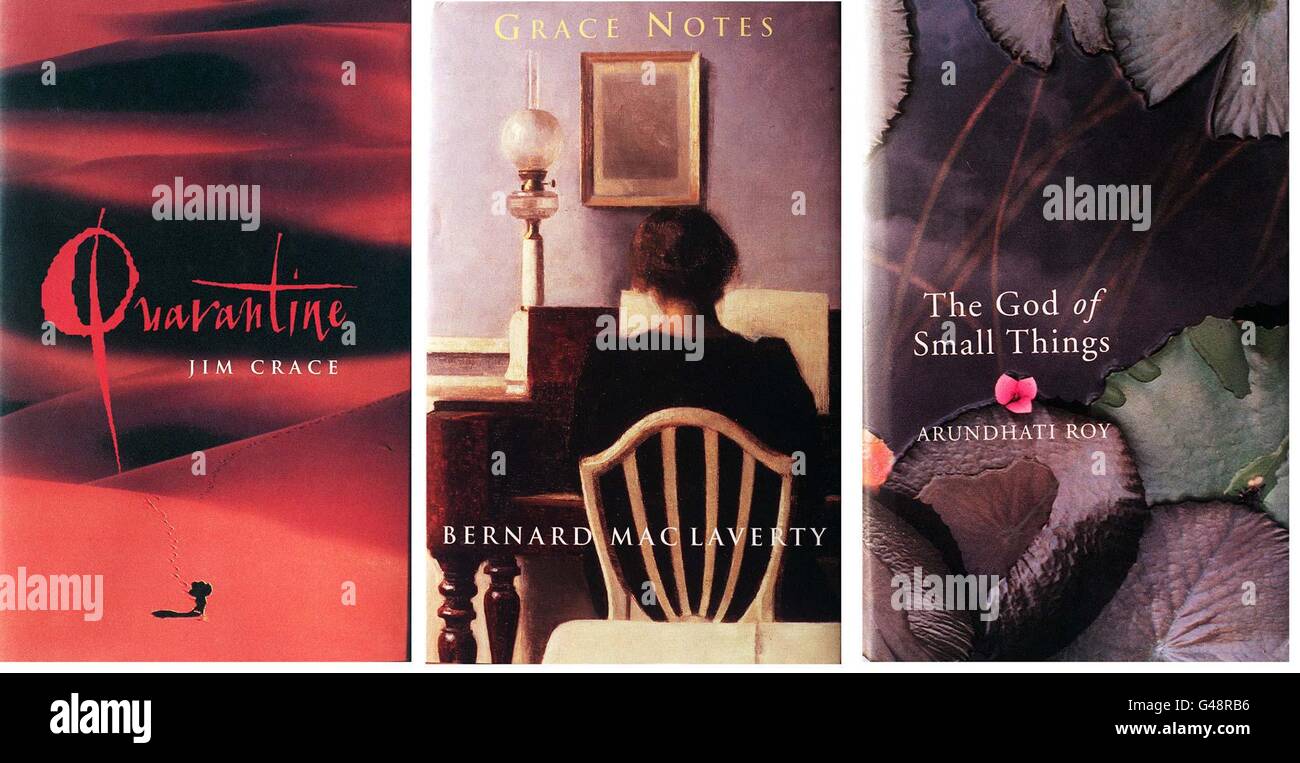 Composite of three of the books shortlisted for the 20.000 1997 Booker Prize (from left) Quarantine by Jim Crace, Grace Notes by Bernard MacLaverty and The God of Small Things by Arundhati Roy. The winner will be announced on October 14. Photo by Ben Curtis/PA. See PA Story ARTS Booker Stock Photo