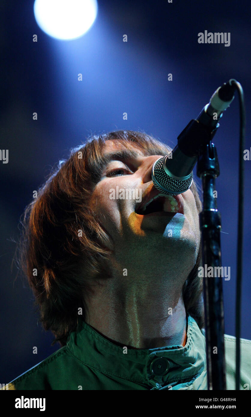 Liam Gallagher performs with his band Beady Eye at the Brighton Centre, Brighton, East Sussex. Stock Photo