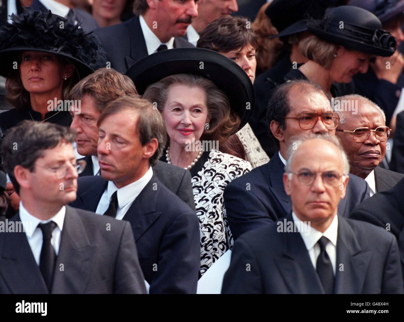 Comtesse De Chambrun (centre, black/white top and pearls), the former step-mother of Diana, Princess of Wales looks composed amongst the sea of mourners as she leaves the Princess's funeral service at Westminster Abbey today (Saturday). POOL Photo by Adam Butler/PA Stock Photo