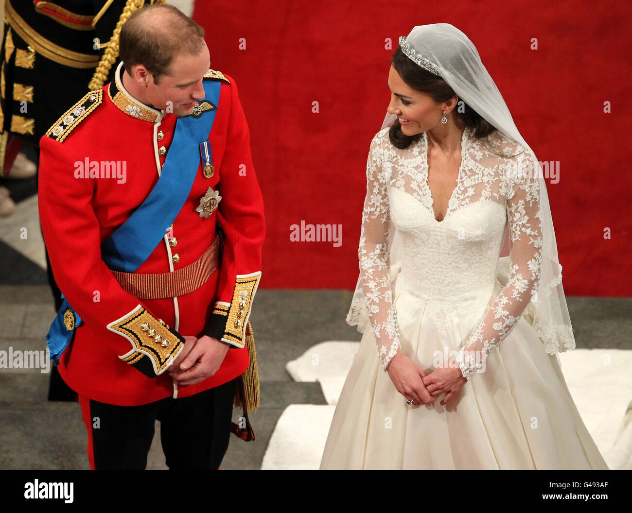 Prince William and Kate Middleton during their wedding service at Westminster Abbey, London. Stock Photo