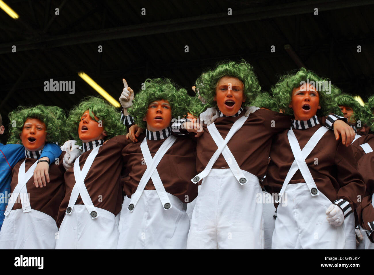 Harltlepool United fans dressed up as Umpa Lumpa's during the npower Football League One match at The Valley, Charlton. Stock Photo