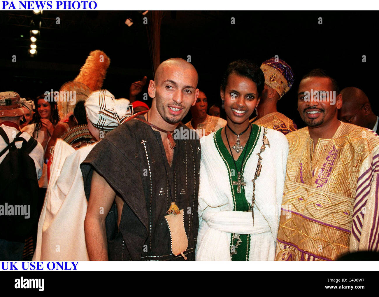 PA NEWS PHOTO 19/10/97 : UK USE ONLY DJAMEL BOURRAS, ANNA GETANEH AND BERNARD LAMA 'PRET-A-PORTER SPRING SUMMER 1998' AFRICAN MOSAIQUE SHOW TO SUPPORT THE ETHIOPIAN CHILDREN'S FUND Stock Photo