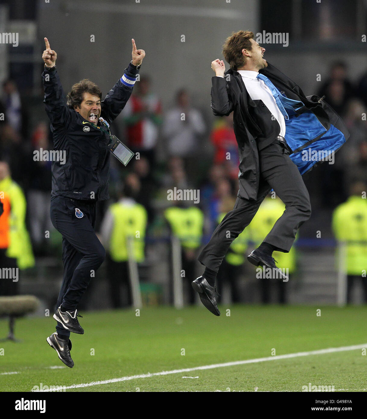 FC Porto manager Andres Villas-Boas (right) celebrates after the final whistle with assistant Jose Mario Rocha Stock Photo