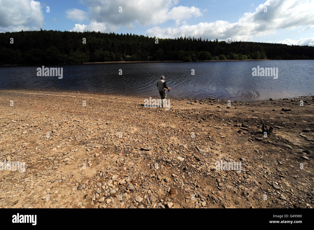 A fly fisherman (name not given) has a longer than usual walk to the water's edge at Fewston Reservoir near Harrogate which has seen a fall in levels due to the dry weather experienced by the UK. Stock Photo