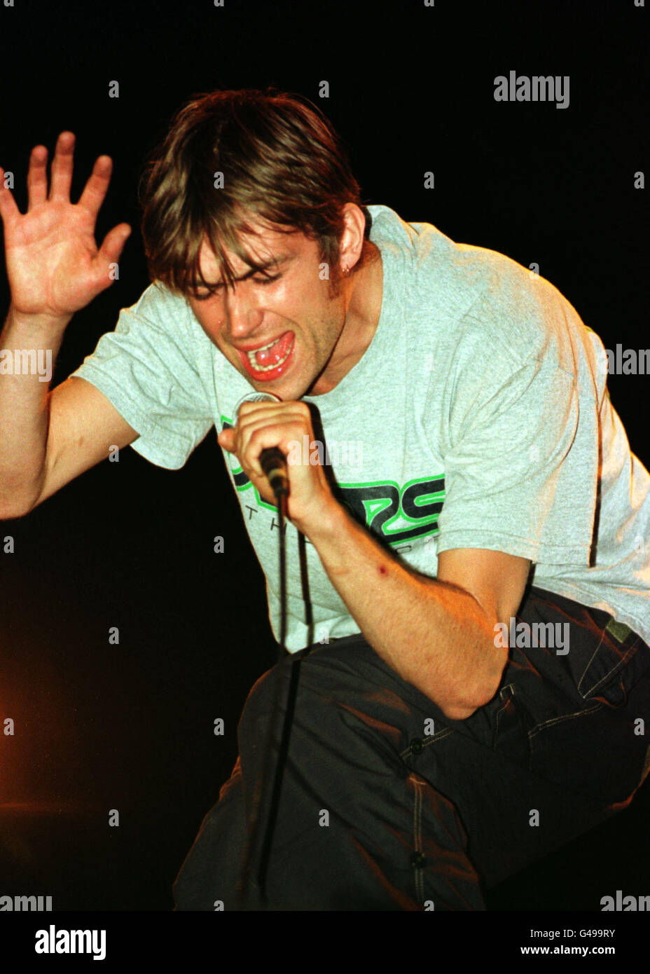 Blur frongman Damon Albarn performing during V97 concert at Hylands Park Chelmsford. Stock Photo