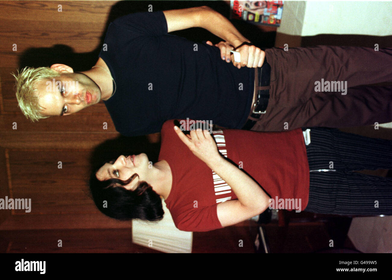 Brian Molko (L) singer & guitarist with Placebo, and Stefan Olsdal, bass player of Placebo at the Kerrang Awards 1997 in London Stock Photo