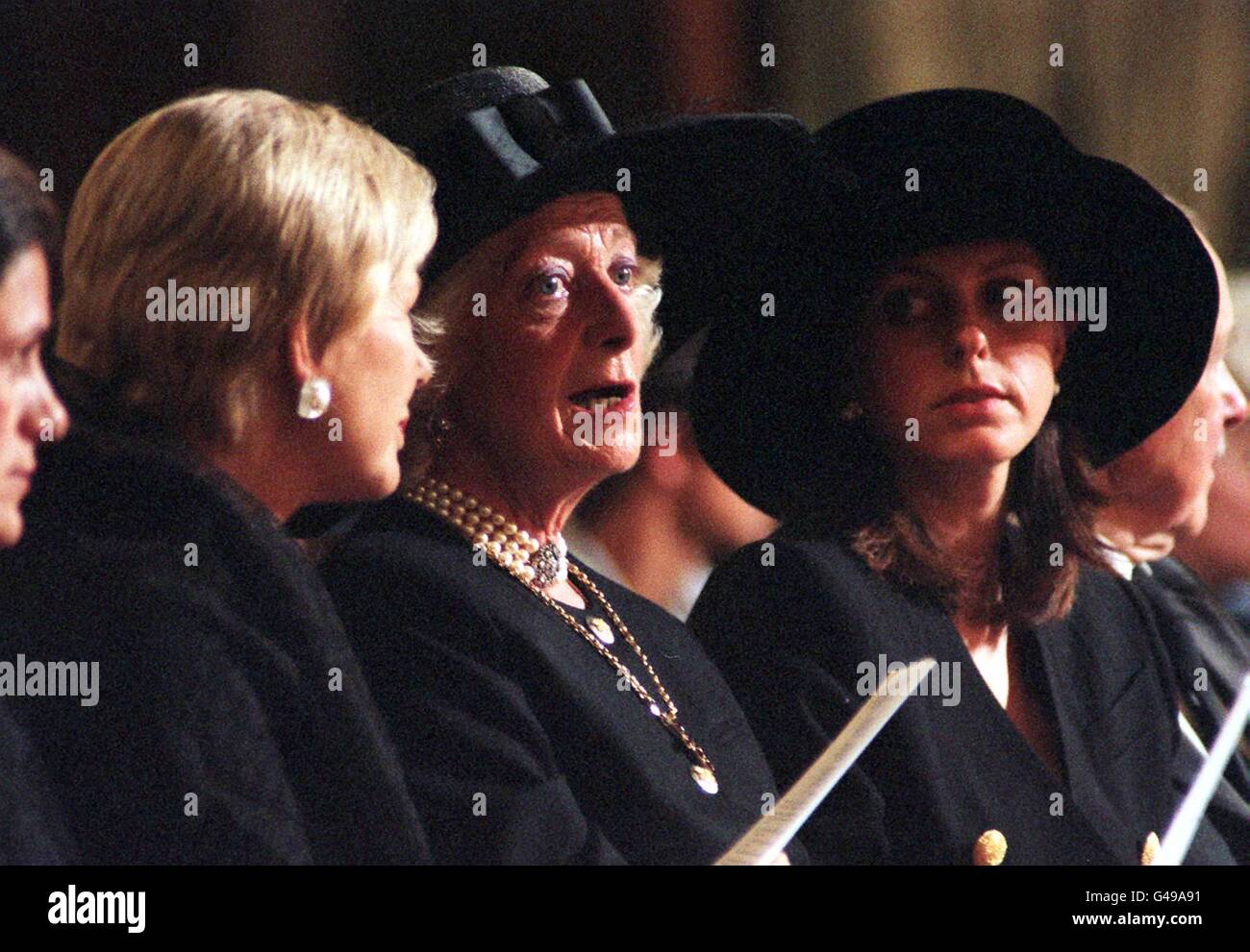 The Duchess of Kent (left) sits beside Frances Shand-Kydd - mother of Diana, Princess of Wales - during a Mass at Westminster Cathedral in central London tonight (Friday). Thousands of mourners packed into the cathedral while several hundred others thronged on the piazza outside, unable to get in to hear the requiem service to pay their final respects to the Princess. See PA story DIANA Catholic. Photo by Stefan Rousseau/PA Stock Photo