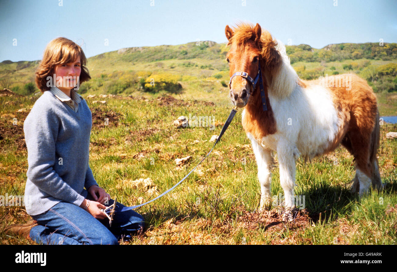 Family album picture of Lady Diana Spencer with Souffle, a Shetland pony, at her mother's home in Scotland during the summer of 1974. Stock Photo