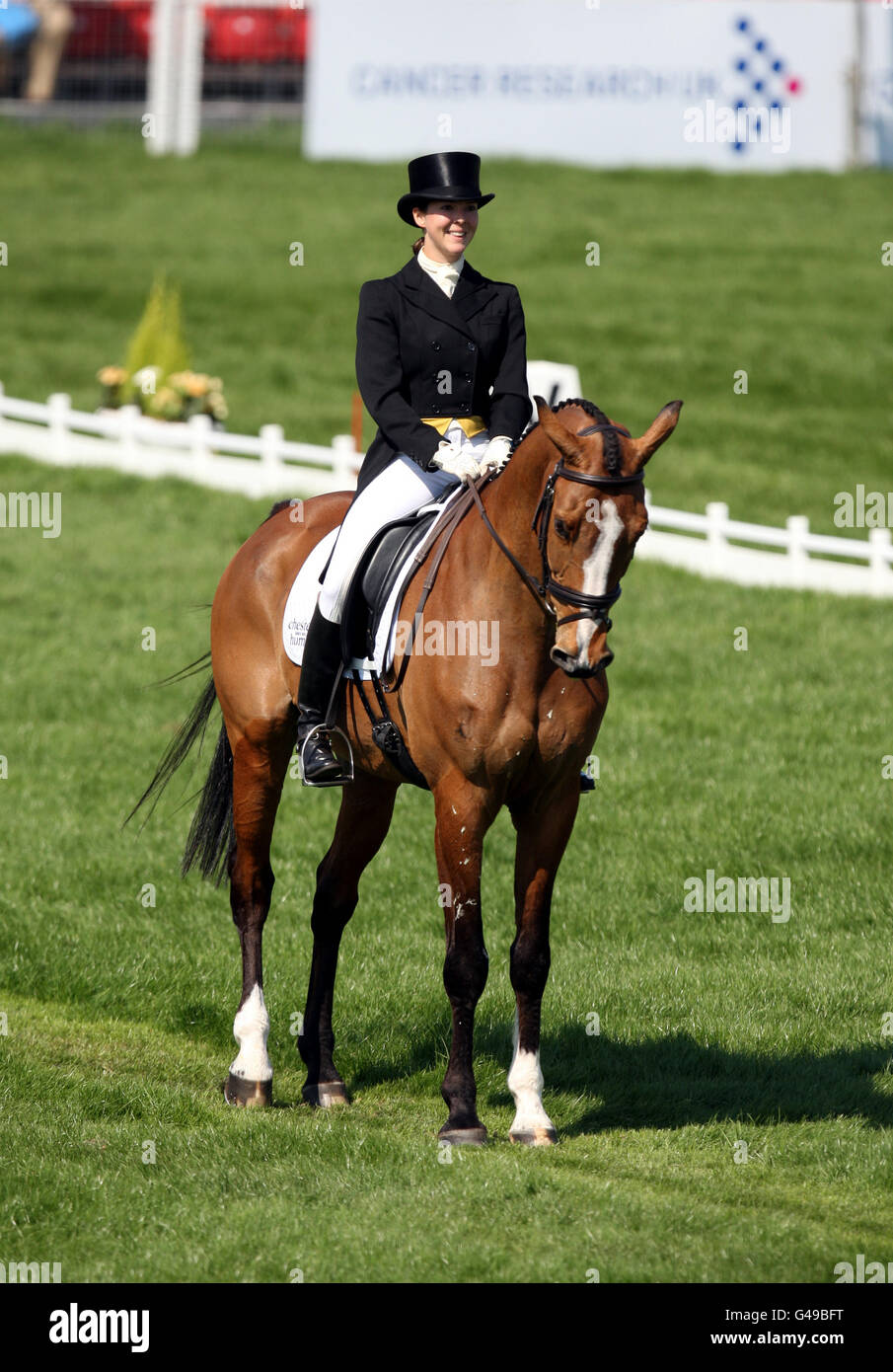 Great Britain's Emily Baldwin riding Drivetime competes in the morning session of the second day of dressage during day three of the Badminton Horse Trials in Badminton, Gloucestershire. Stock Photo