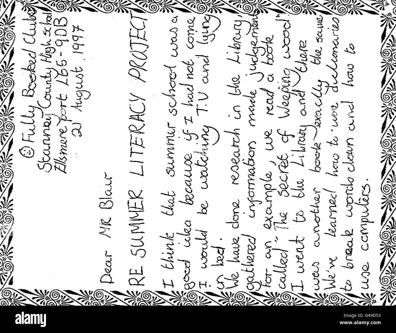 Page 1 of the letter by Emma O'Brien, 11, who was mentioned today in Tony Blair's keynote speech at the Labour Conference, Brighton (pages 2&3 to follow). See PA Story Labour Blair Letter Emma. Stock Photo