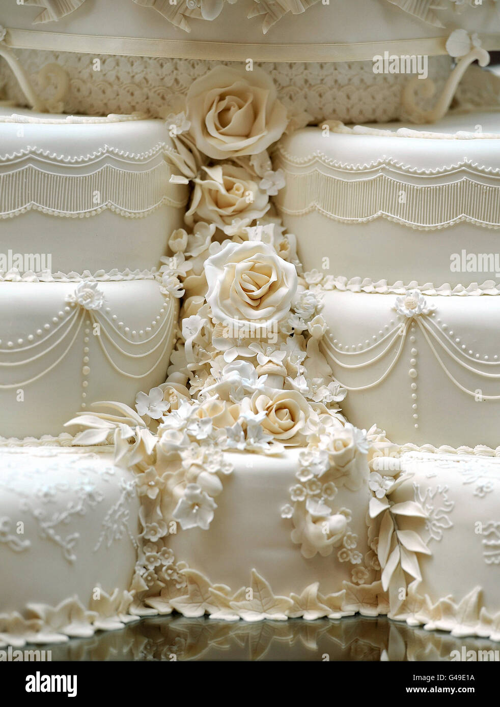 A small section of the eight tiered wedding cake with the initials W & C, made by Fiona Cairns and her team, awaits the newly weds Prince William and Kate in