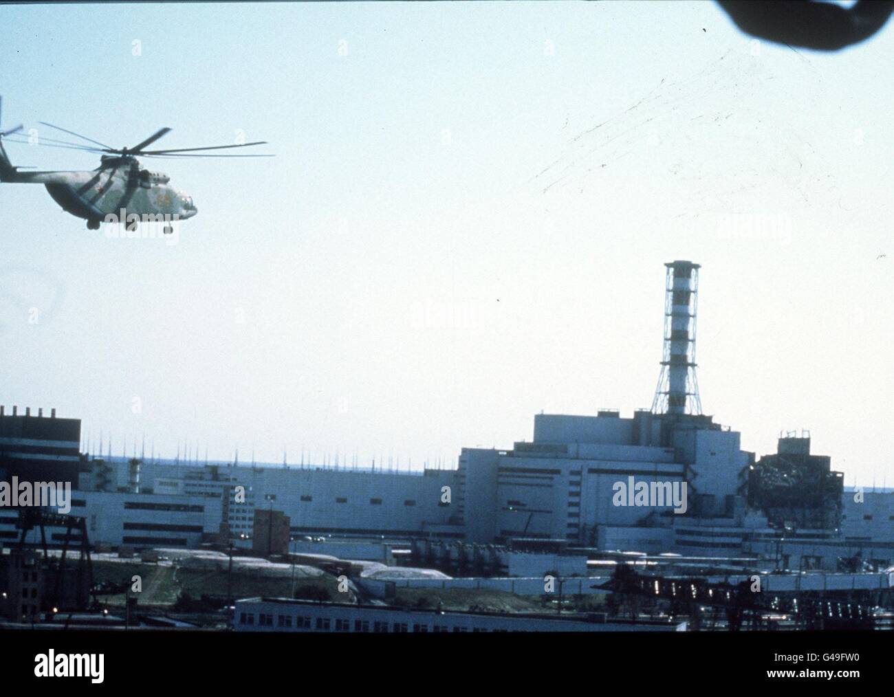 Helicopter over chernobyl nuclear powerplant in the ukraine hires
