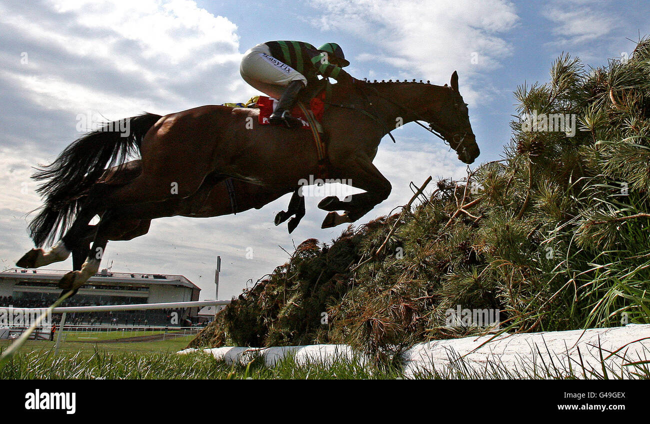 Outlaw Pete ridden by Katie Walsh jumps a fence in the Kildare Hunt Club Fr Sean Breen Memorial Chase For The Ladies Perpetual Cup during the Boylesports.com Champion Chase Day at Punchestown Racecourse, Naas, Ireland. Stock Photo