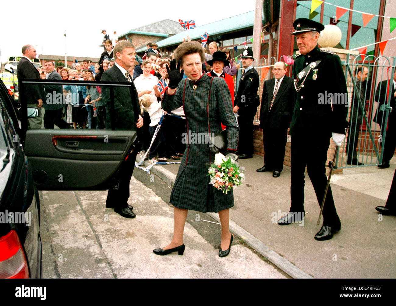 The Princess Royal waves to the crowds of wellwishers who turned out to greet her in Stockton, Cleveland, where she officially opened the Forge Community Centre. Stock Photo