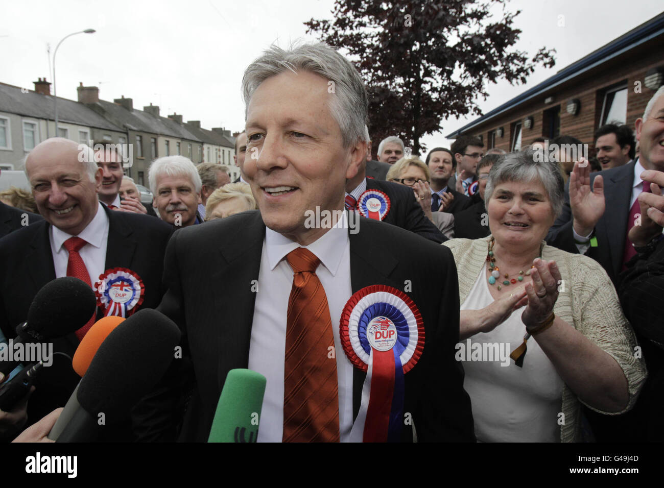 Northern Ireland first Minister Peter Robinson arrives at Ards Leisure centre where the count for his East Belfast Assembly seat is taking place. Stock Photo