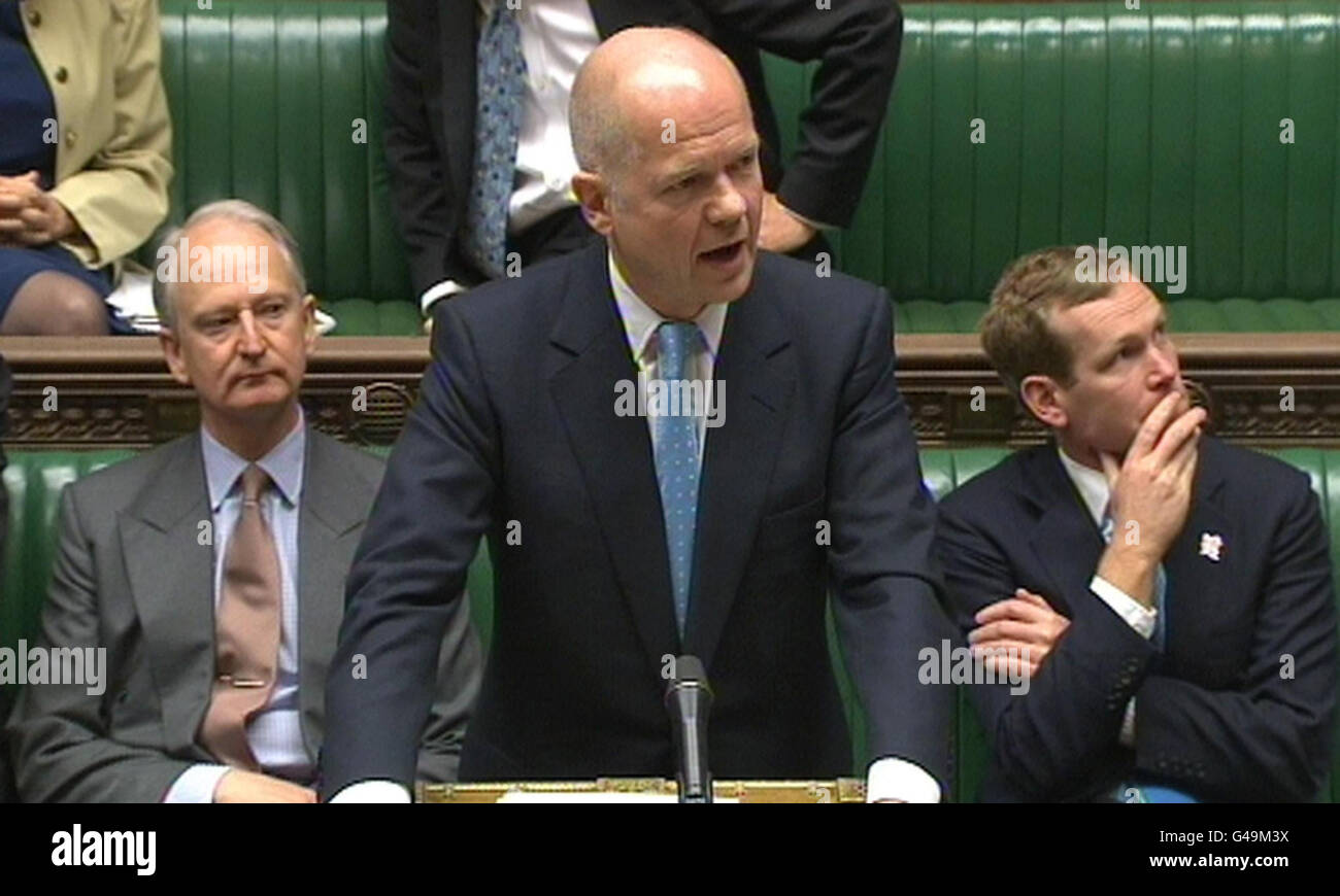 Foreign secretary William Hague speaks in the House of Commons, London, where he announced that Britain is to build embassies in up to five more countries but close dozens of other diplomatic outposts as part of a major cost-cutting drive. Stock Photo