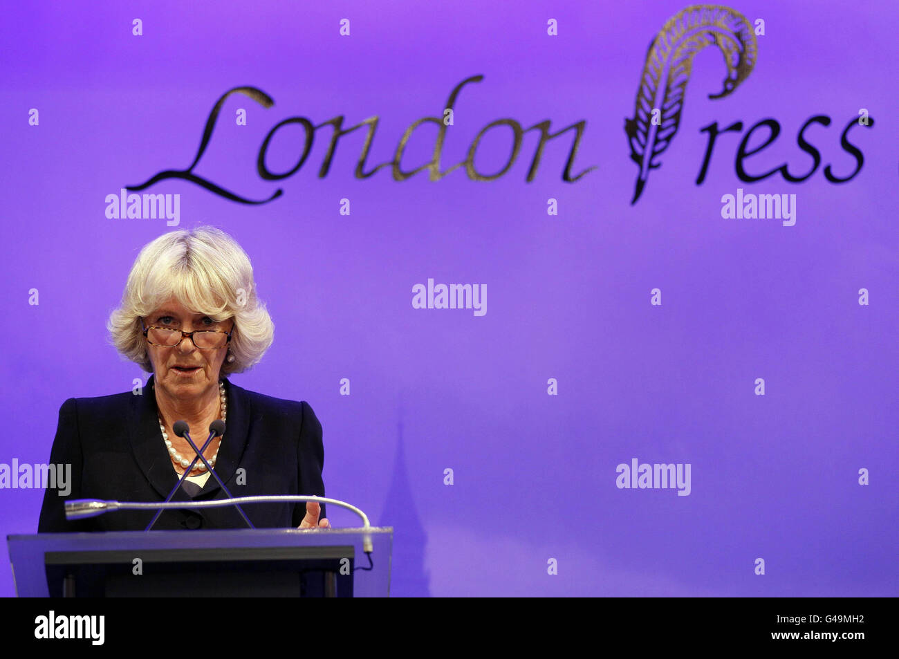 The Duchess of Cornwall delivers a speech at the London Press Club Awards in London. Stock Photo