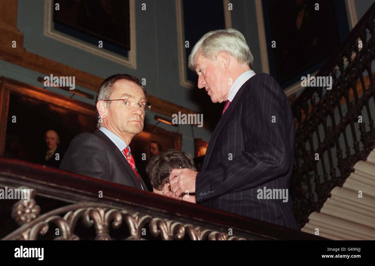 Lord Archer (left) and Lord Parkinson at the Carlton Club, St James's in London this evening (Wednesday), where Lord Parkinson hosted a pre-wedding reception for the leader of the opposition Conservative Party William Hague and his fiancee Ffion Jenkins . See PA Story POLITICS Hague. Photo by Fiona Hanson/PA. (Rota pic) Stock Photo