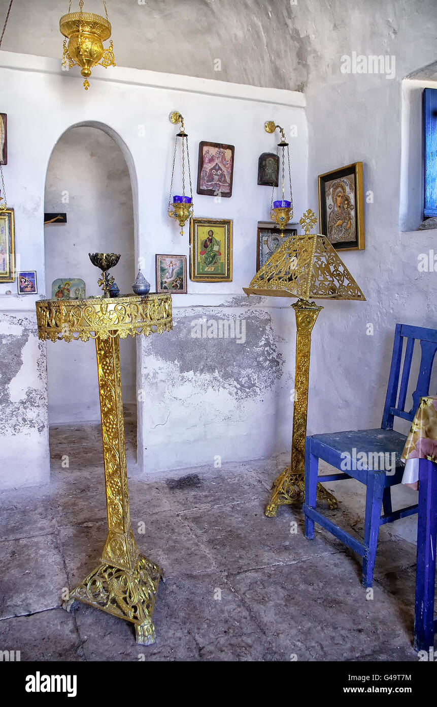 The interior of a small chapel, in Dokos island, Greece Stock Photo