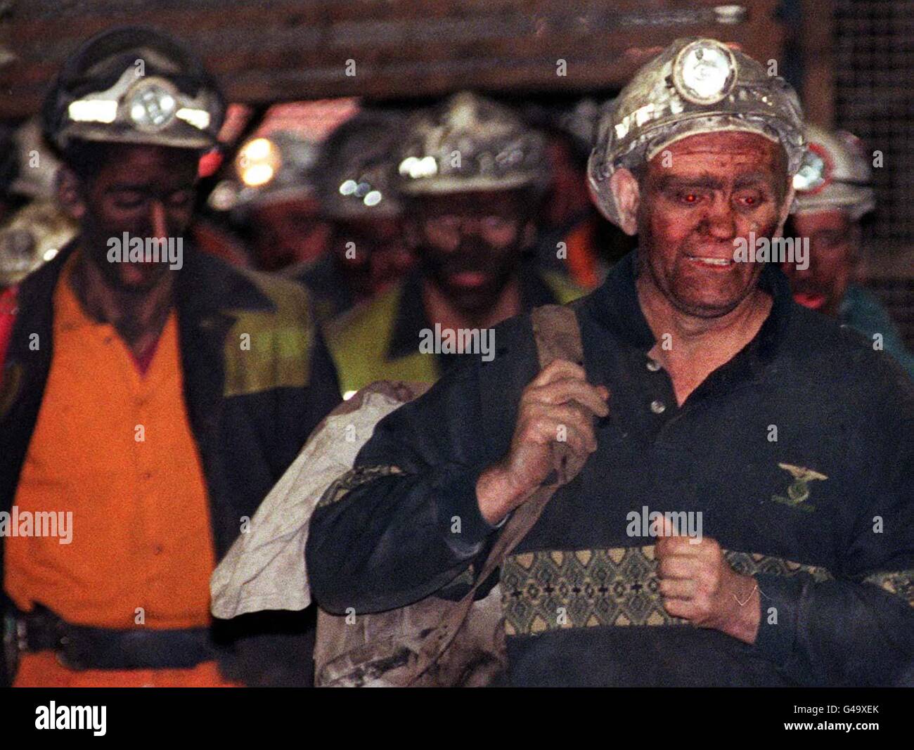 Difficult days for the coal industry as miners leave a day shift at Maltby Pit, one of those threatened by closure, while hundreds of their colleagues are in London today (Wednesday) asking for help for their troubled industry which is struggling to compete with gas souces to supply the electricity companies with power . See PA Story INDUSTRY Coal. Photo by John Giles/PA. Stock Photo