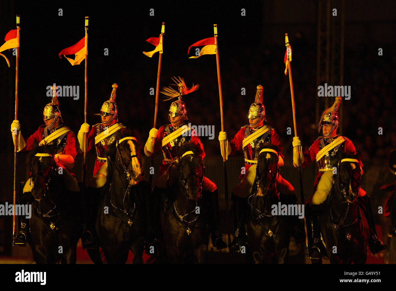 The Houshold Cavalry perform with the Mounted Band of La Garde Republicaine at the Windsor Castle Tattoo. Stock Photo
