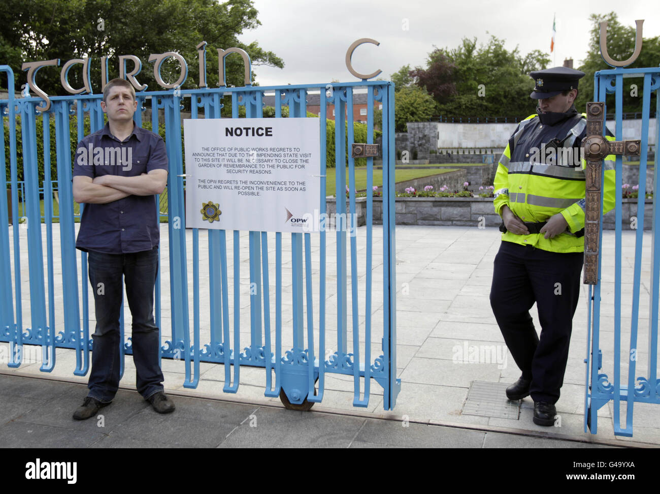 Eirigi (a socialist republican political party) chairman, Brian Leeson, who has vowed disrupt the state visit of Queen Elizabeth II to Ireland next week, stands outside Dublin's Garden of Remembrance as security is increased in the capital. Stock Photo