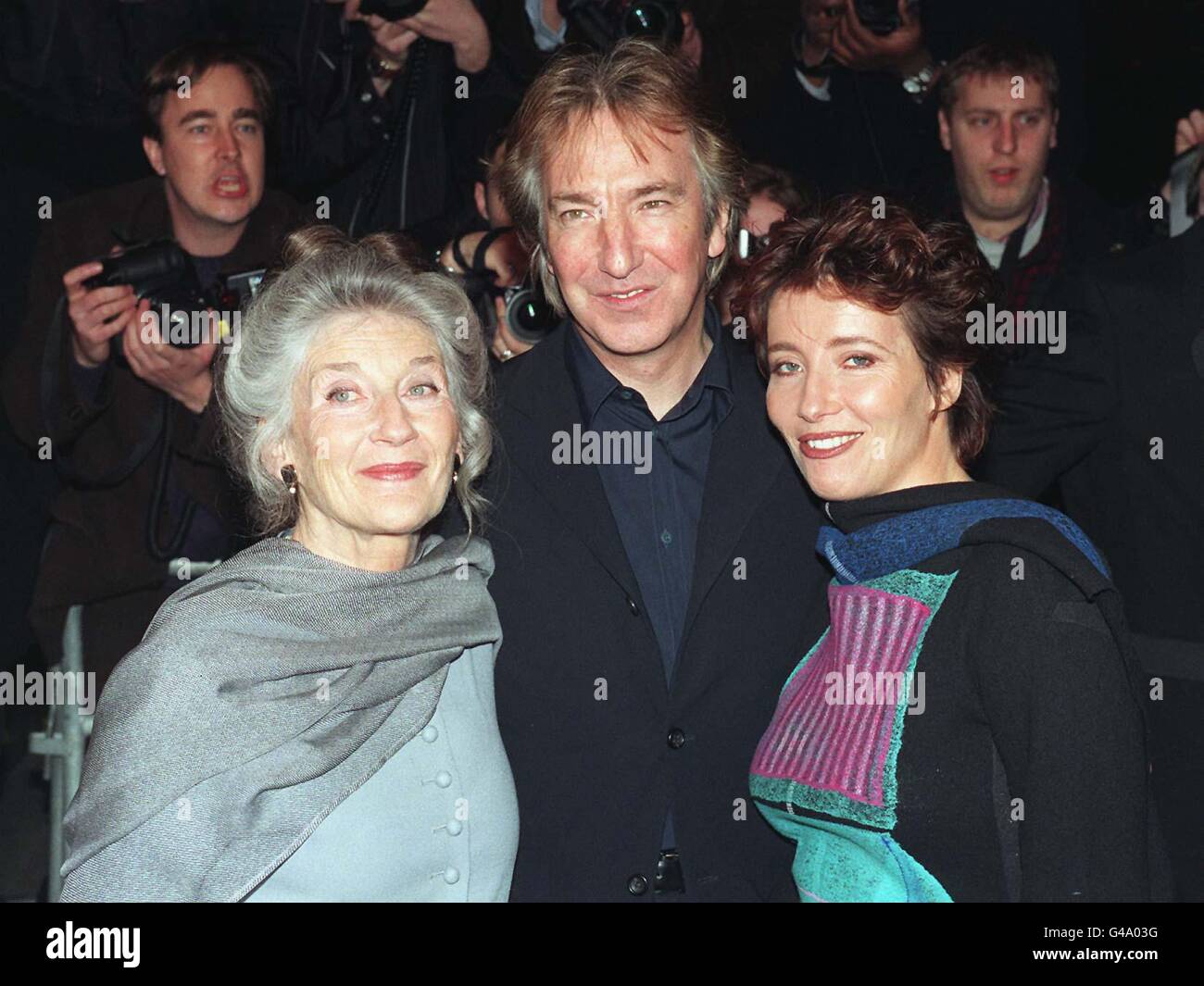 Oscar-winning actress Emma Thompson (right) and her mother Phyllida Law, with Alan Rickman at tonight's (Thursday) preview screening of his directorial debut, 'The Winter Guest', in which the pair star as mother and daughter. The film, written by Scottish author Sharman Macdonald, is based on the experiences of Scots-born actress Lindsay Duncan. See PA story SHOWBIZ Emma. Photo by Sean Dempsey/PA Stock Photo