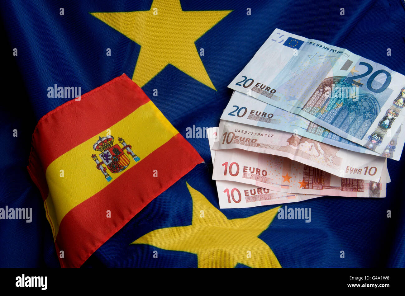 Spanish and EU flag and euro banknotes, illustration Stock Photo