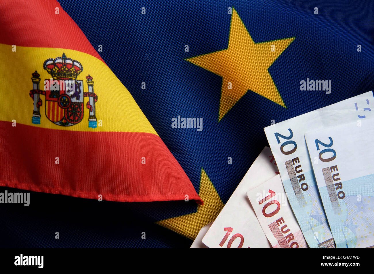 Spanish and EU flag and euro banknotes, illustration Stock Photo - Alamy