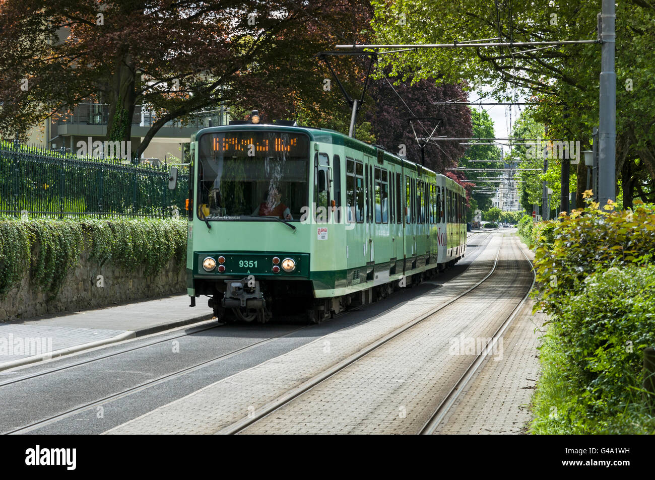 Tram at Koenigswinter on the Bonn tram system route 66, 'Telekom Express', North Rhine-Westphalia Stock Photo