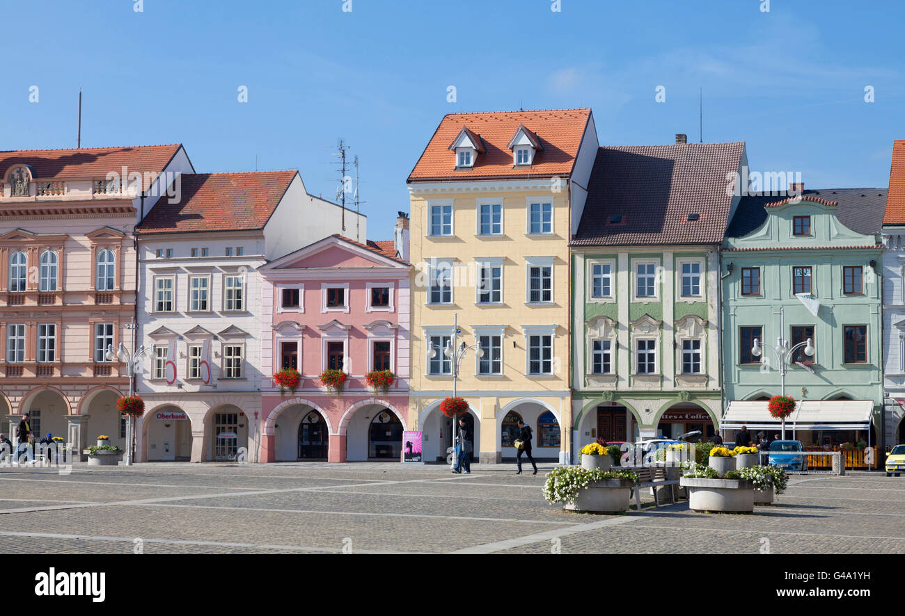 Row of houses, historical centre of Ceske Budejovice, Budweis, Budvar, South Bohemia, Czech Republic, Europe Stock Photo