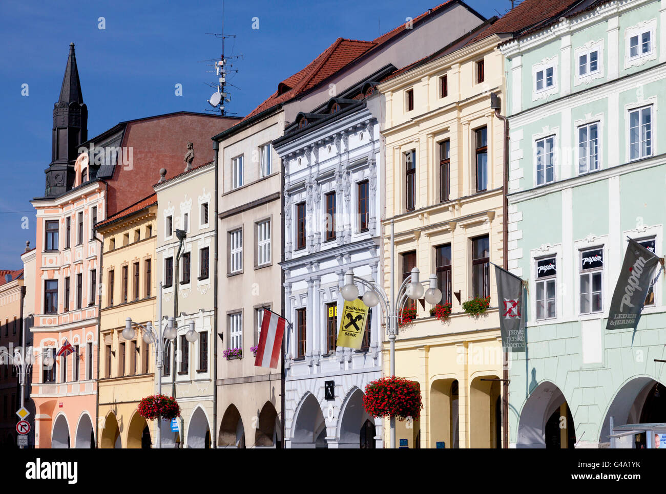Row of houses, historical centre of Ceske Budejovice, Budweis, Budvar, South Bohemia, Czech Republic, Europe Stock Photo