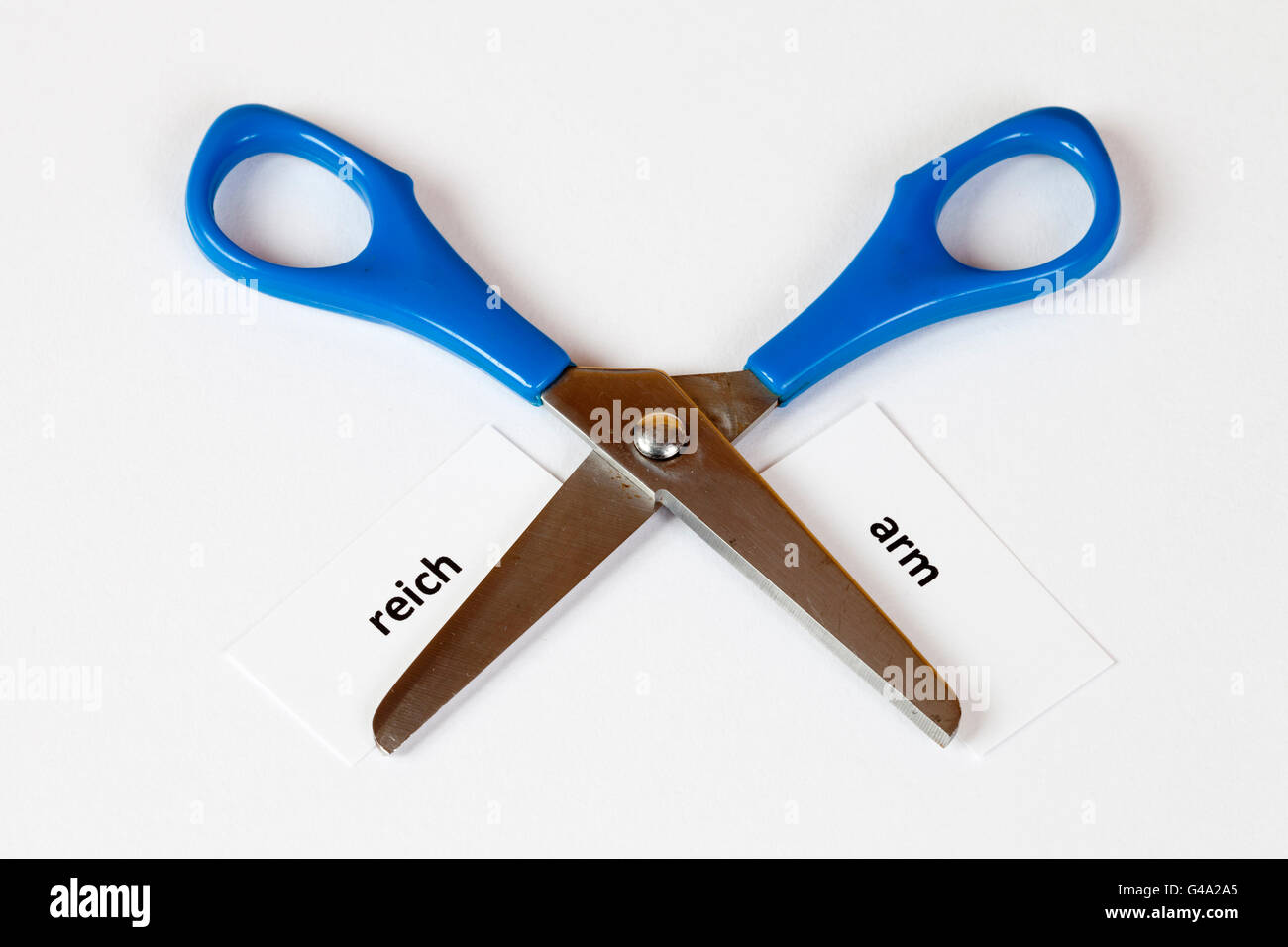 Open scissors with the signs "reich" and "arm", German for rich and poor, symbolic image for social inequality Stock Photo