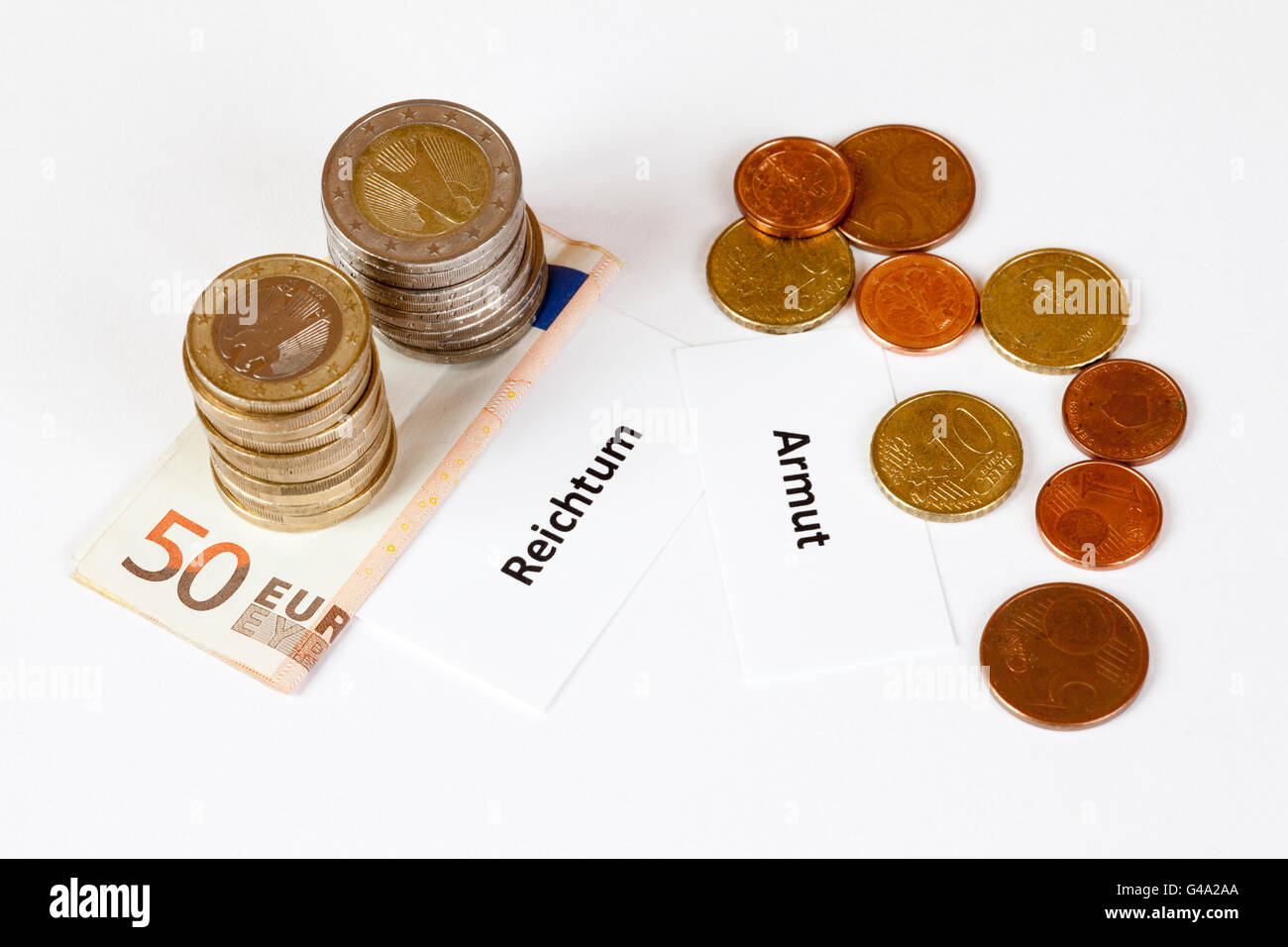 Signs 'Reichtum' and 'Armut', German for 'wealth' and 'poverty', stacked euro coins on euro banknotes Stock Photo
