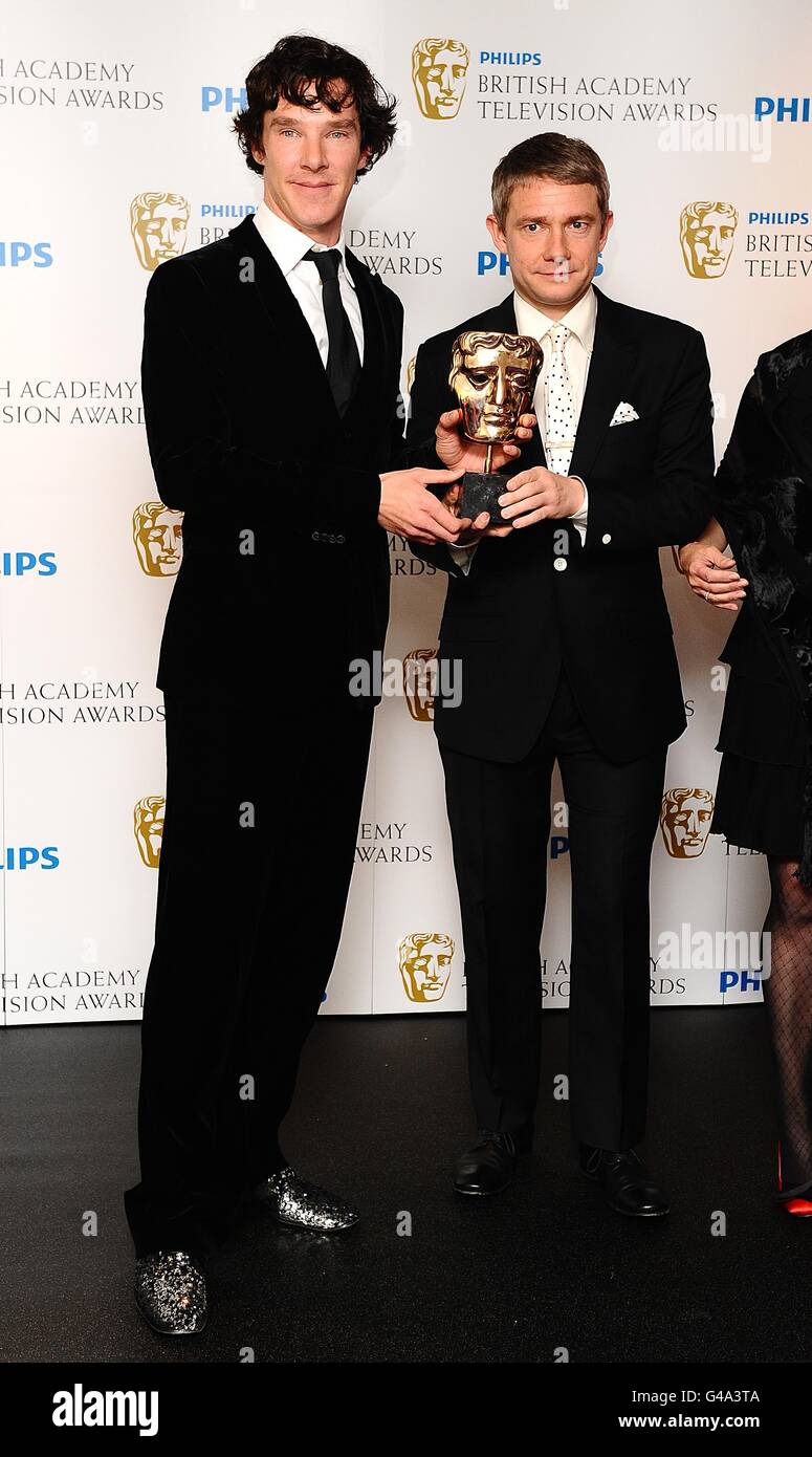Benedict Cumberbatch and Martin Freeman with the best Drama award received for Sherlock at the Philips British Academy Television Awards at the Grosvenor House, 90 Park Lane, London. Stock Photo
