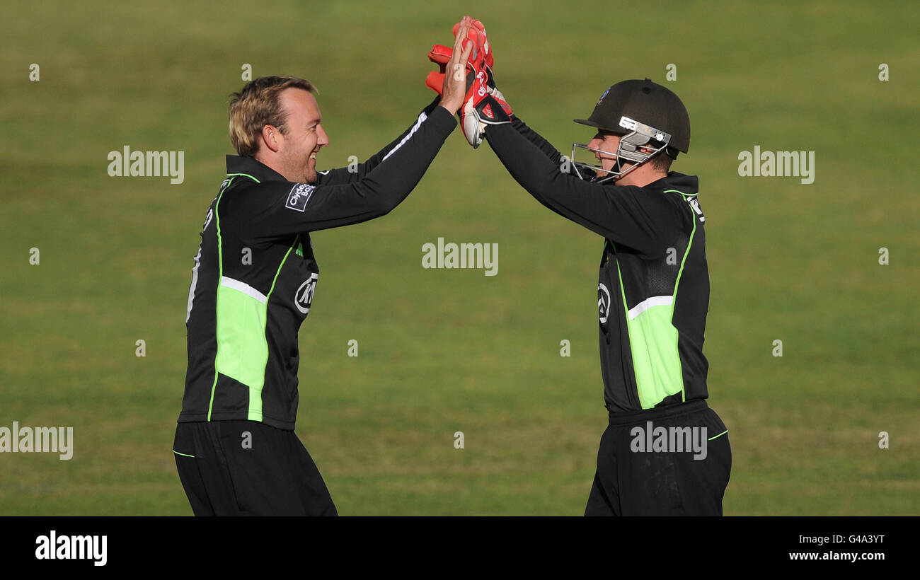 Surrey's Chris Schofield (left) and Steven Davies celebrate another Hampshire wicket. Stock Photo