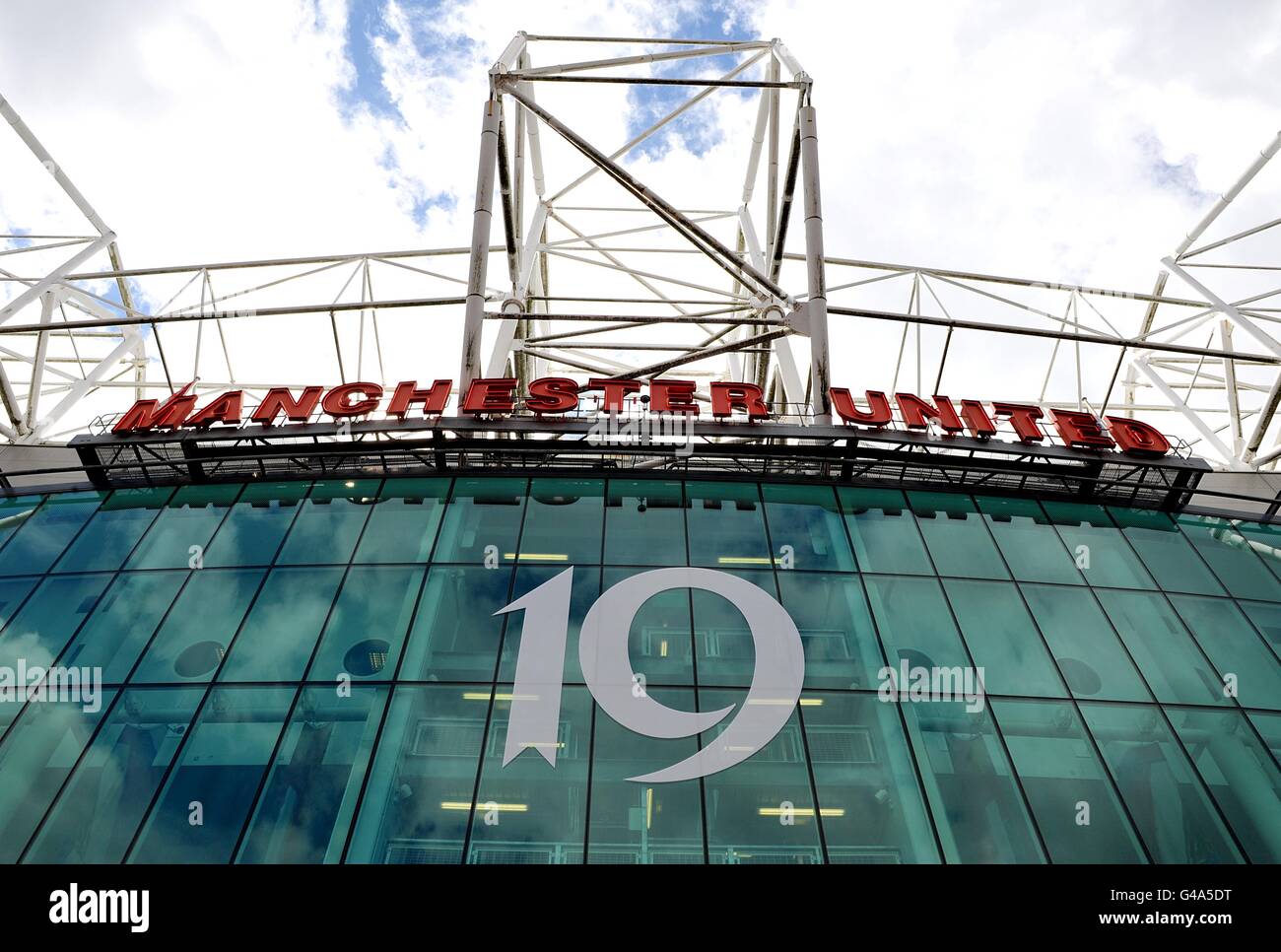 Soccer - Barclays Premier League - Manchester United v Blackpool - Old Trafford. General view of a '19' sign outside Old Trafford referring to the 19 league titles won by Manchester United. Stock Photo
