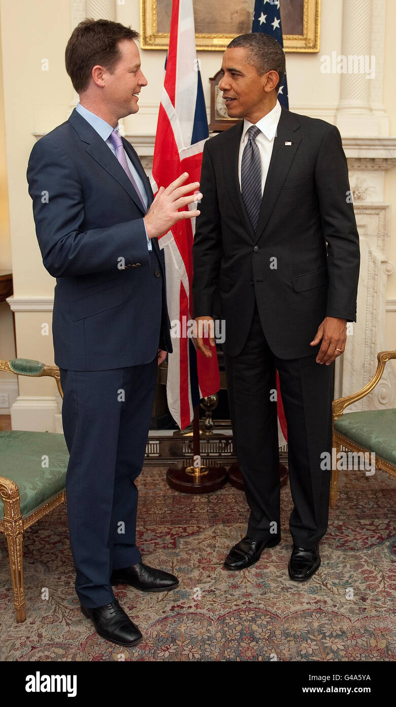Deputy Prime Minister Nick Clegg (left) talks to American President Barack Obama at 10 Downing Street, London. Stock Photo