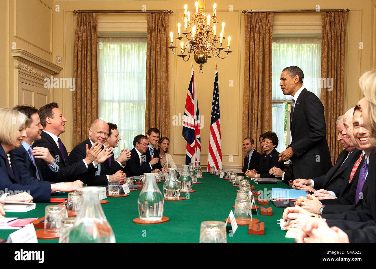American President Barack Obama (5th right) during a meeting meets with Prime Minister David Cameron (3rd left) and other delegates at 10 Downing Street, London. PRESS ASSOCIATION Photo. Picture date: Wednesday May 25, 2011. See PA story ROYAL Obama. Photo credit should read: Leon Neal/PA Wire Stock Photo