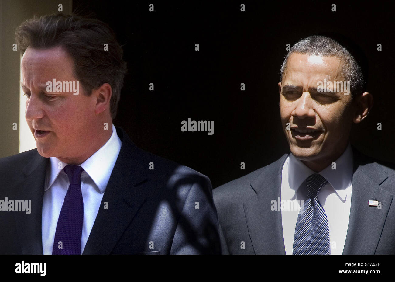 Prime Minister David Cameron and American President Barack Obama leave Downing Street, London. PRESS ASSOCIATION Photo. Picture date: Wednesday May 25, 2011. See PA story ROYAL Obama. Photo credit should read: Anthony Devlin/PA Wire Stock Photo