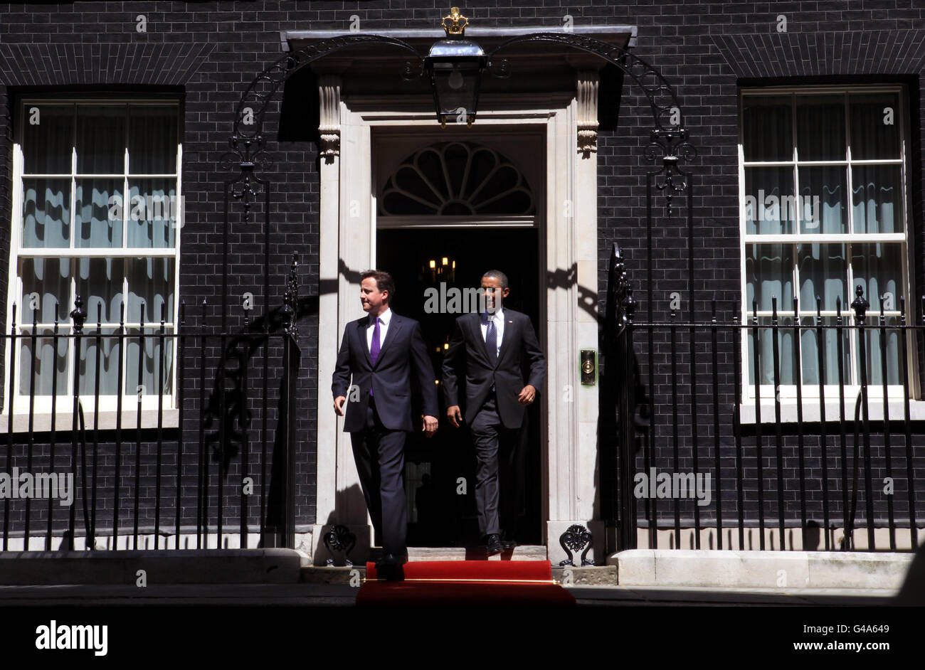 Prime Minister David Cameron and American President Barack Obama leave Downing Street, London. PRESS ASSOCIATION Photo. Picture date: Wednesday May 25, 2011. See PA story ROYAL Obama. Photo credit should read: Anthony Devlin/PA Wire Stock Photo