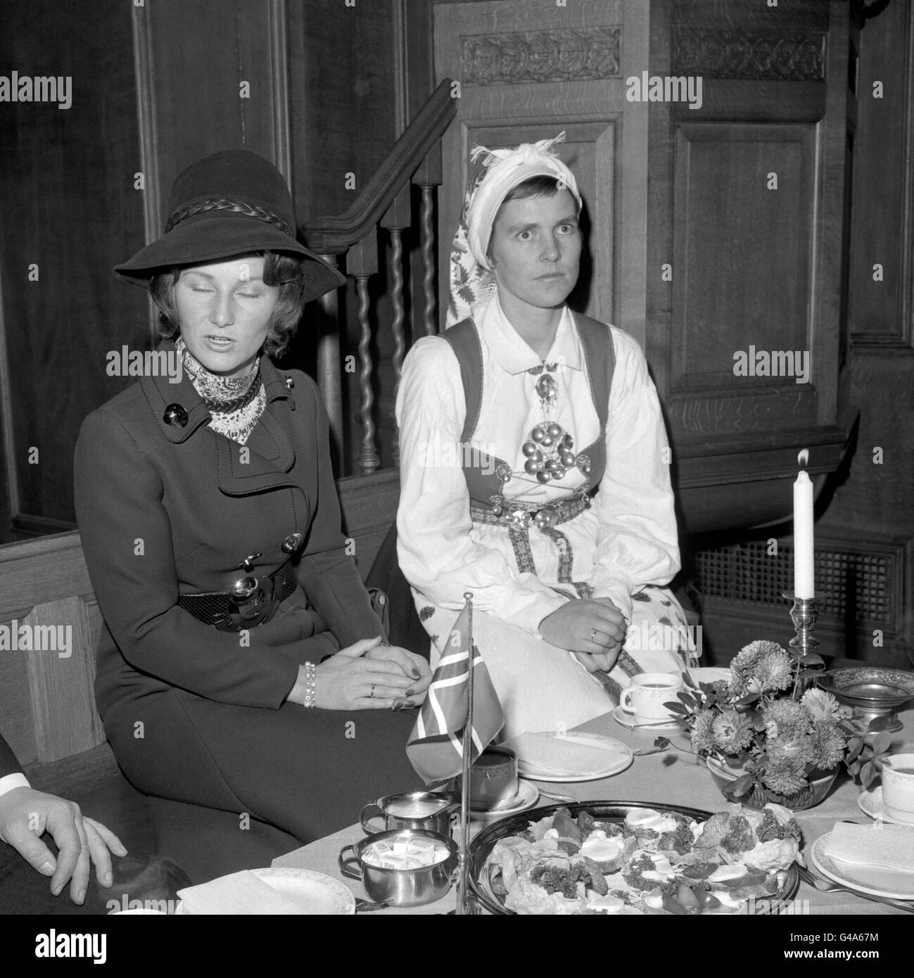Crown Princess Sonja of Norway, left, at St Olavs Kirke, Rotherhithe, London. The Princess opened the annual bazaar for the Norwegian Ladies' Club and the Norwegian's Seamen's Church in London. Stock Photo