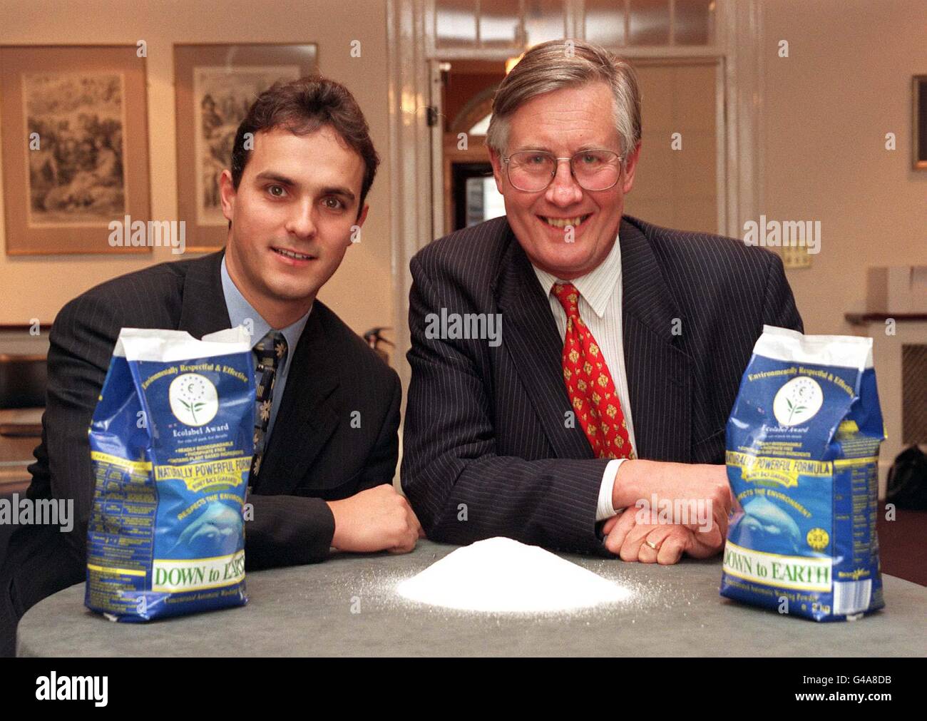 Environment Minister Michael Meacher takes time out from a conference on sustainable consumption today (Tuesday) to meet Anthony Palmer (left), Brand Manager at Reckitt & Colman, who have been awarded an Ecolabel after the launch of their new environmentally friendly 'Down to Earth' washing powder. Photo by Lucy Husband/PA Stock Photo