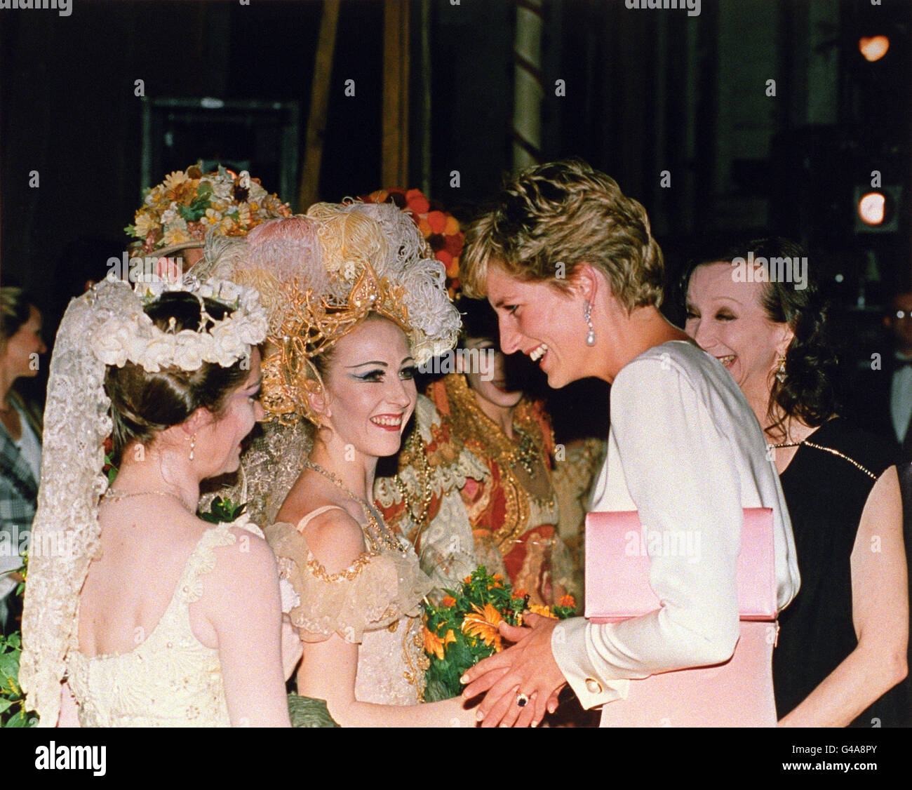 Diana, Princess of Wales meets members of the cast from the Australian Ballet after attending the opening of "Coppelia" at the London Coliseum Stock Photo