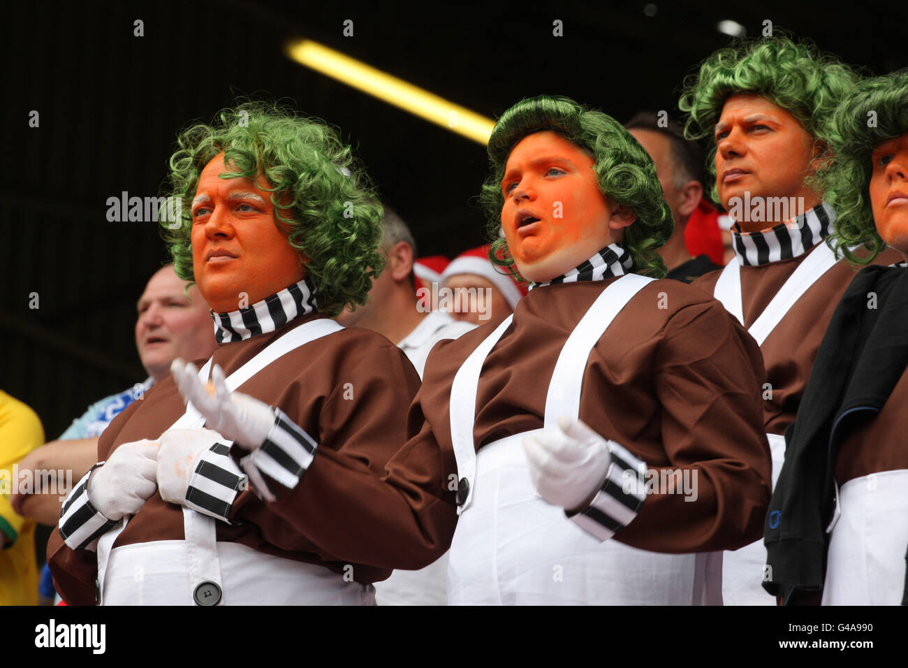 Harltlepool United fans dressed up as Umpa Lumpa's during the npower Football League One match at The Valley, Charlton. Stock Photo